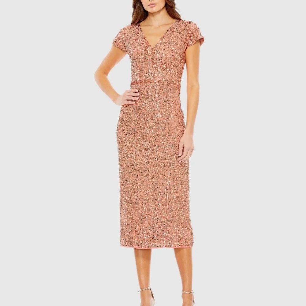 NWT Mac Duggal Copper Sequined Cap Sleeve Wrap Over Cocktail Dress 10766 Size 16